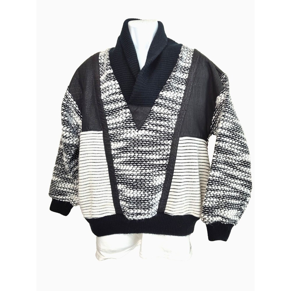 First Class Commando Wool Blend Mens Sweater Sz M Shawl Neck Pockets Black White